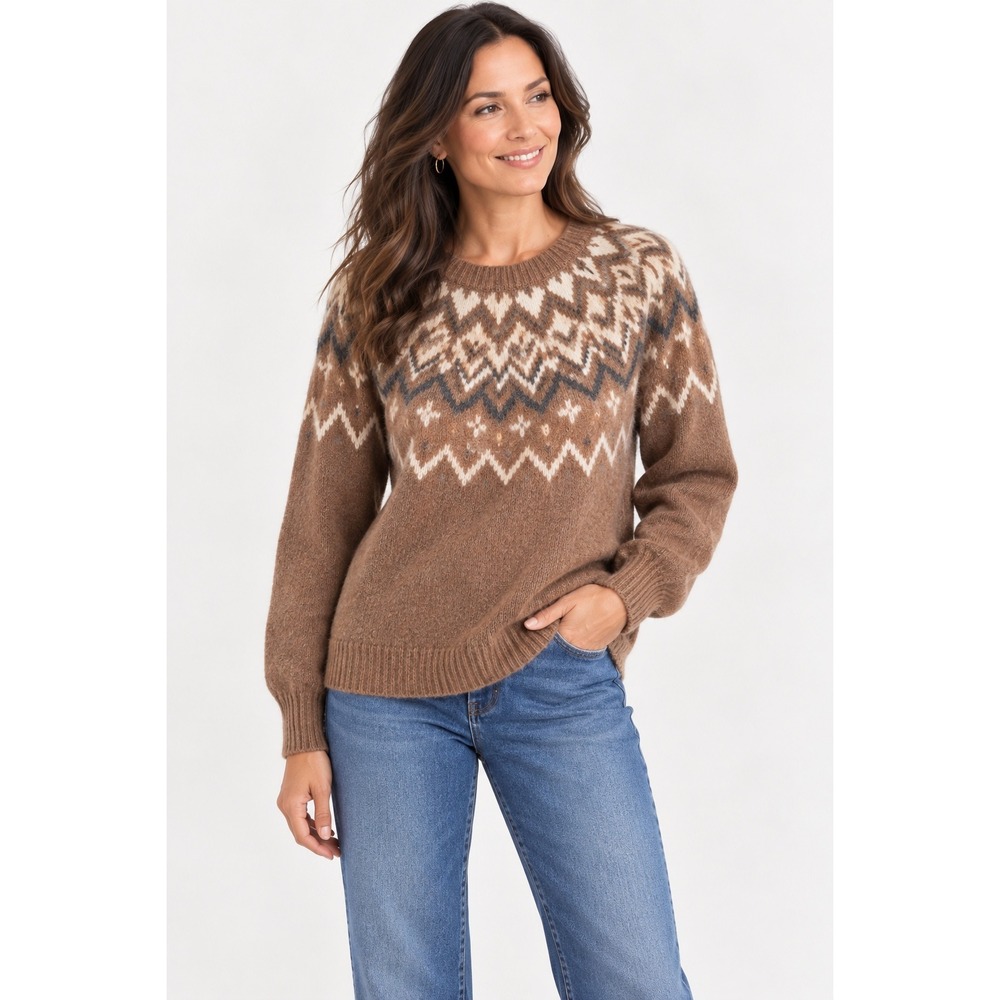 Caslon Fair Isle Knit Sweater Brown Cream Gray Cozy Pullover XS - NWT